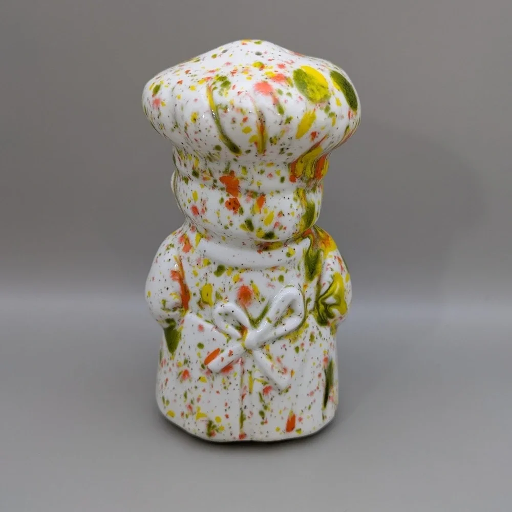 Vintage Chef Salt Pepper Cheese Shaker Set Splatter‎ Drip Glaze Multicolor 3pc